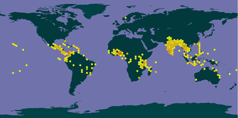 Figure 2: Worldwide distribution of teak (GBIF Backbone Taxonomy, n.d.)