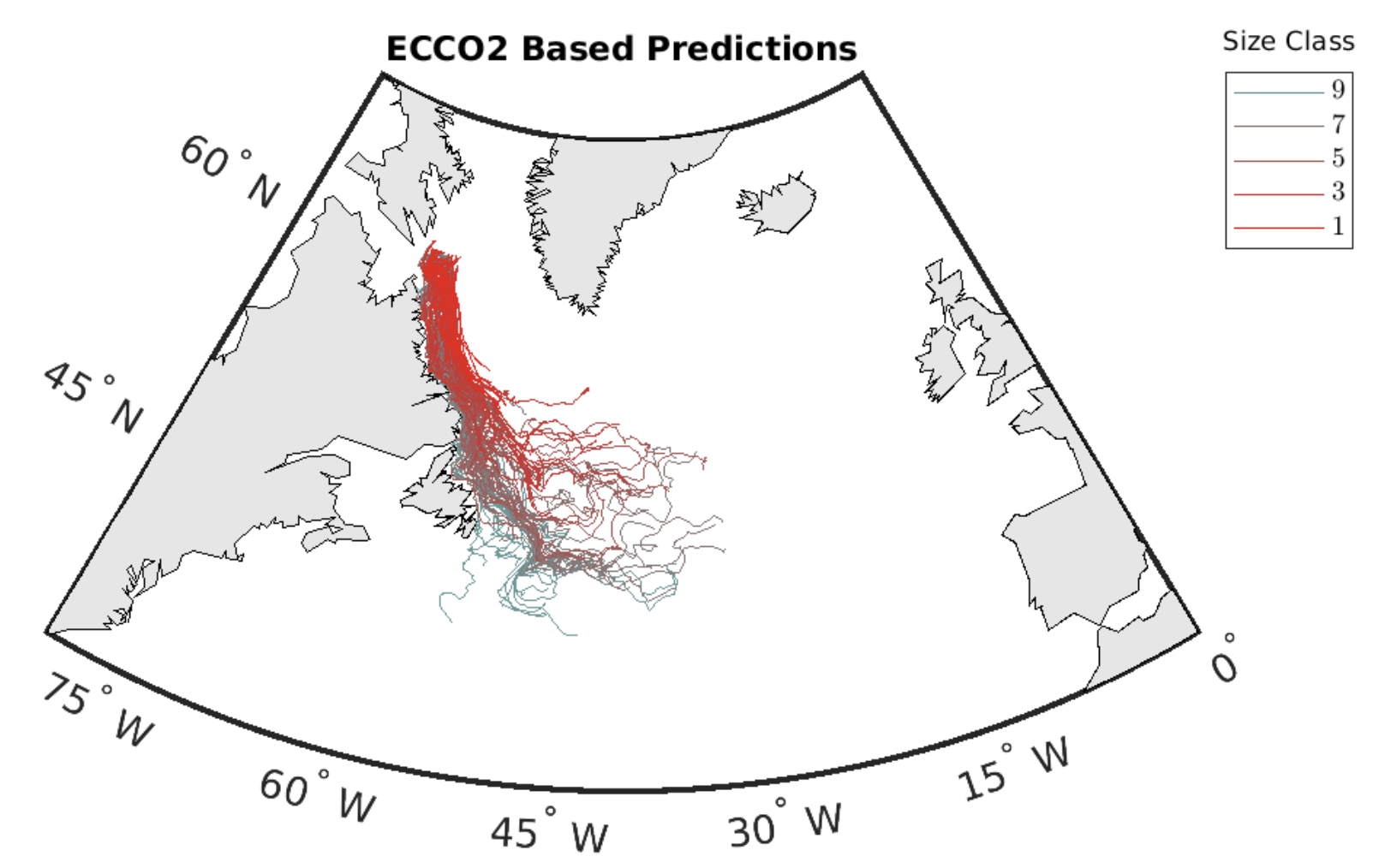 Wagner et al. model map output showing iceberg trails grouped by size class.